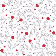 Swirling branches with roses and hearts seamless vector pattern