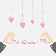 Businessman Happy Valentines day text Hanging dash line hearts Isolated