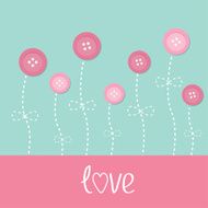 Pink button flowers Dash line stem bow Love card Flat