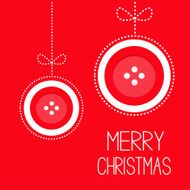 Two hanging red button Christmas ball bow dash line Card