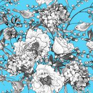 Seamless monochrome floral pattern with Birds