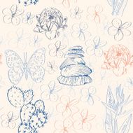 Seamless pattern with cactus butterflies flowers and shells vector