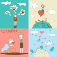 Doodle Girls and Boys Characters with Heart Landscape Clouds House N2