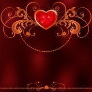Holiday background with red jeweler heart and gold floral ornament