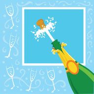Champagne Celebration With Flying Cork on Blue Background