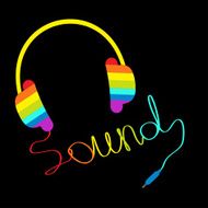 Rainbow headphones with cord in shape of word sound Music