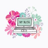 Floral print with laptop and various hand drawn flowers vector N2