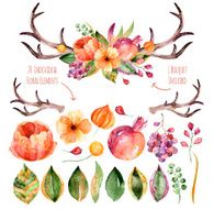 Colorful purple floral collection with leaves horns and flowers