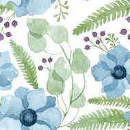 Vector watercolor floral pattern with pale blue flowers eucalyptus berries