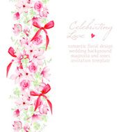 Wedding invitation with bouquets and red bows vector design frame