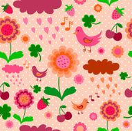 Seamless orange-pink pattern with birds berries and flowers