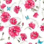 Beautiful gentle watercolor vintage summer seamless pattern with red poppies N2