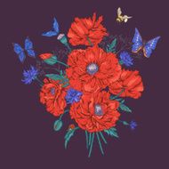 Summer Vintage Floral Bouquet Greeting Card with Blooming Red Poppies N2