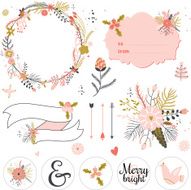 Romantic hand drawn collection of laurels wreaths and floral elements N27