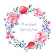 Vector round frame of watercolor roses pomegranate and berries N2