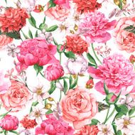 Summer Seamless Watercolor Pattern with Pink Peonies and Roses on