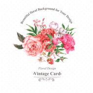 Vintage Watercolor Greeting Card with Blooming Flowers Roses Wildflowers and