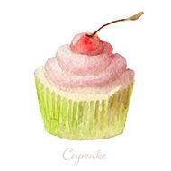 Watercolor Hand Drawn cherry Cupcake
