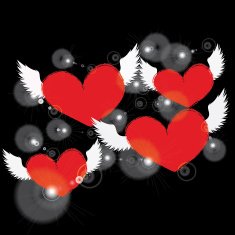 red heart with white angel wing on black background
