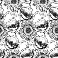 Sketch poppy and sunflower vintage seamless pattern