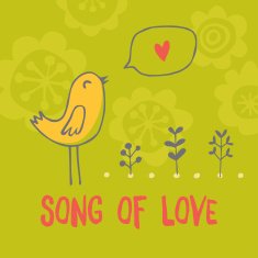 love card with cute flowers cartoon bird heart and text
