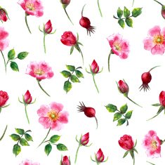 Hand drawn watercolor wild rose seamless pattern in bright pink N2