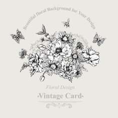 Summer Monochrome Vintage Greeting Card with Blooming Poppies