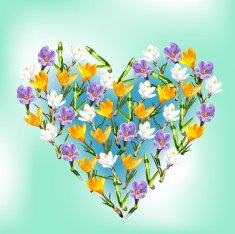 Spring flowers in the heart on blue sky background