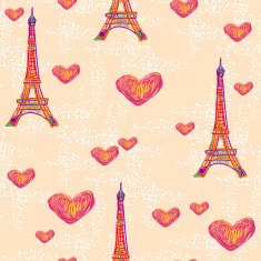 Seamless Paris romantic vector pattern with Eiffel Tower and hearts