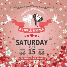 Wedding invitation Stylized heart ribbon flowers background