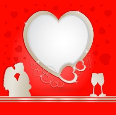 Golden heart frame with lovers and champagne