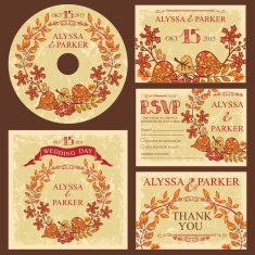 Vintage fall wedding template set with leaves wreath