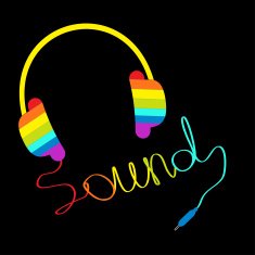 Rainbow headphones with cord in shape of word sound Music