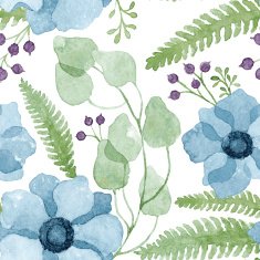 Vector watercolor floral pattern with pale blue flowers eucalyptus berries
