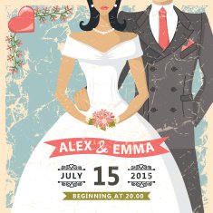 Retro wedding invitation Bride groom decor elements