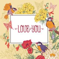 Vintage Floral Greeting Card with Birds and Butterflies N4