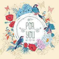 Vintage Floral Greeting Card with Birds and Butterflies N6