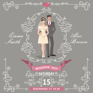Wedding invitation Cartoon bride groom Swirl elements ribbons