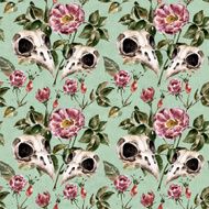 Seamless pattern with flowers and birds skull Watercolor illustration N7