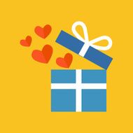 Open gift box with fly hearts Flat design