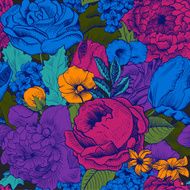 Seamless vintage pattern with lush colorful flowers