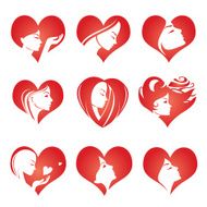 Girls silhouette in hearts vector icons