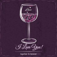 Purple love card with a glass of wine filled