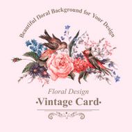 Vintage Greeting Card with Flowers and Birds
