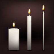 Realistic three vector white candles on a dark background