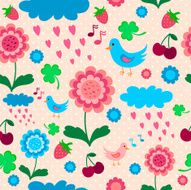 Pink blue pattern with birds flowers and berries