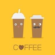 Two disposable coffee paper cups eyes mustache lips heart Flat N2