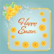 Frame easter eggs and daffodils turquoise background vector