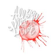 Doodle watercolor lettering symbol of love and Valentines day