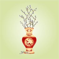 Vase with branch pussy willow spring background vector
